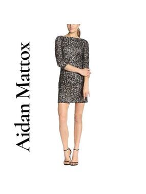 Aidan Maddox-Size 14 Black/Nude Sequined Mini Cocktail Dress. Back zip. Like new